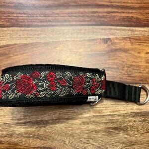 Wide 1.8" Martingale Dog Collar, Red Roses, w/Gold